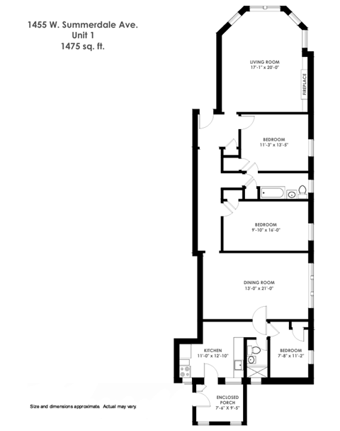 Floor plan for 3 beds, 2 baths, 1475 sqft